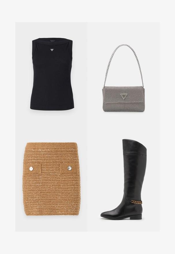 Juodas be rankovių medvilnės topas, kuriame yra laivo formos iškirpė ir mažas kristalų trikampio logotipas ant krūtinės. Lygus ir švelnus audinys.; Rudas tekstūruotas mezginys sijonas su briaunotu juosmeniu ir dviem priekiniais kišenėmis su baltais mygtukais. Audinyje subtiliai spindi blizgučiai.; Aukšti juodi odiniai batai su liekna forma, smailiu smaigaliu ir aukso grandinėlės akcentu ties kulkšnimi. Žemas bloko kulnas. Lygi tekstūra.; Šviesiai pilka metalinė rankinė su grandinėlės dirželiu, papuošta mažais apvaliais metaliniais smeigėmis ir trikampiu prekės ženklu.; Sidabriniai lankelio formos auskarai su lygiu, blizgiu paviršiumi, išlenktos formos ir su užsegimu. Minimalistinio dizaino su moderniu apdaila.