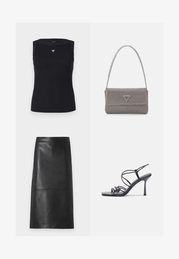 Schwarzes ärmelloses Oberteil aus Baumwolle, mit Bootsausschnitt und kleinem Kristall-Dreieck-Logo auf der Brust. Glatte Textur.; Schwarzer Leder-Midi-Rock mit glatter Textur und geradem Design. Verfügt über eine Nahtdetails an der Taille und einen seitlichen Schlitz. Minimalistischer Stil.; Schwarze, hochhackige Sandalen mit dünnen Riemen und einem geknoteten Design, einer glatten, rechteckigen Zehenpartie und einem eleganten Stiletto-Absatz.; Hellegraue metallische Handtasche mit einer Kettenriemen, verziert mit kleinen kreisförmigen metallic Nieten und einem dreieckigen Markenlogo.; Silberne Creolen mit einer glatten, glänzenden Oberfläche, einer gebogenen Form und einer Steckverschluss. Minimalistisches Design mit modernem Finish.