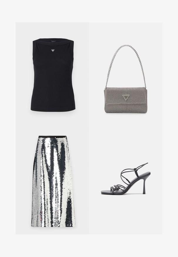 Débardeur noir sans manches en coton, avec un col bateau et un petit logo triangulaire en cristal sur la poitrine. Texture lisse.; Jupe maxi en sequins argentés avec une coupe droite, présentant une taille en noir et un motif de rayures verticales alternées de sequins brillants.; Des sandales noires à talons hauts avec des fines lanières au design noué, un bout carré lisse et un talon aiguille élégant.; Sac à main en métal gris clair avec une bandoulière en chaîne, orné de petits clous métalliques ronds et d'un logo de marque triangulaire.; Boucles d'oreilles créoles en argent avec une surface lisse et brillante, présentant une forme incurvée et une fermeture à tige. Design minimaliste avec une finition moderne.