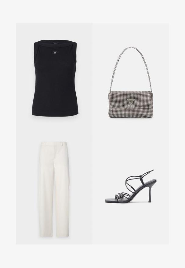 Mustapaita ilman hihoja, valmistettu puuvillasta, jossa on laivakaula-aukko ja pieni kristallinen kolmio-logo rinnassa. Sileä pinta.; Kirkkaat beige housut, jotka on valmistettu sileästä kankaasta. Siinä on suora leikkaus, litteä etuosa, vyölenkit ja sivutaskut.; Mustat korkokengät sandaalit, joissa on ohuet hihnat solmittuna, sileä neliön muotoinen varvasosa ja tyylikäs stiletto-korko.; Vaalea harmaa metallinen käsilaukku, jossa on ketjusanka. Laukku on koristeltu pienillä pyöreillä metallikoruilla ja kolmion muotoisella brändilogolla.; Hopeiset korvarenkaat, joissa on sileä ja kiiltävä pinta, kaareva muoto ja piikkikiinnitys. Minimalistinen muotoilu modernilla viimeistelyllä.