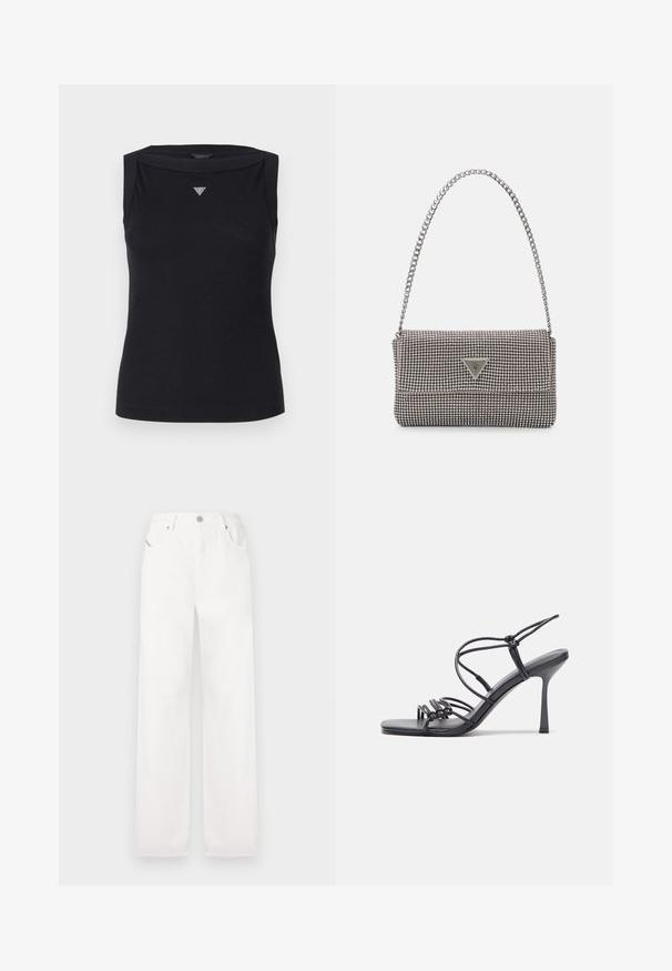 Crna majica bez rukava od pamuka, s brojevima na čamcu i malim kristalnim trokutastim logom na grudima. Glatka tekstura.; Bijele pamukne hlače širokih nogavica s klasičnim dizajnom pet džepova i zakovicom za zatvaranje, s suptilnim detaljima šivanja.; Crne sandale na visokoj potpetici imaju tanke trake s čvorastim dizajnom, glatki kvadratni vrh i elegantnu stiletto petu.; Svijetlosivi metalik ruksač s lancem, ukrašen malim okruglim metalnim zakovicama i trokutastim logotipom marke.; Srebrne naušnice u obliku obruča sa glatkom, sjajnom površinom, zakrivljenog oblika i zatvaranjem na čep. Minimalistički dizajn s modernim završetkom.