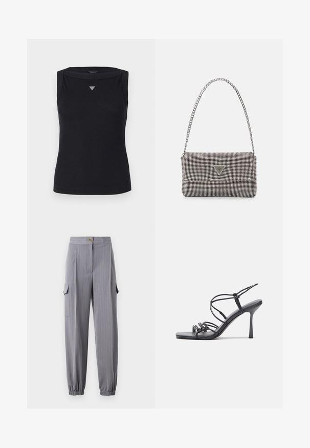 Mustapaita ilman hihoja, valmistettu puuvillasta, jossa on laivakaula-aukko ja pieni kristallinen kolmio-logo rinnassa. Sileä pinta.; Harmaat raidoitetut housut, joissa on joustavat lahkeiden suut ja kaksi sivutaskua. Varustettu nappikiinnityksellä ja muotoonommellulla designilla.; Mustat korkokengät sandaalit, joissa on ohuet hihnat solmittuna, sileä neliön muotoinen varvasosa ja tyylikäs stiletto-korko.; Vaalea harmaa metallinen käsilaukku, jossa on ketjusanka. Laukku on koristeltu pienillä pyöreillä metallikoruilla ja kolmion muotoisella brändilogolla.; Hopeiset korvarenkaat, joissa on sileä ja kiiltävä pinta, kaareva muoto ja piikkikiinnitys. Minimalistinen muotoilu modernilla viimeistelyllä.