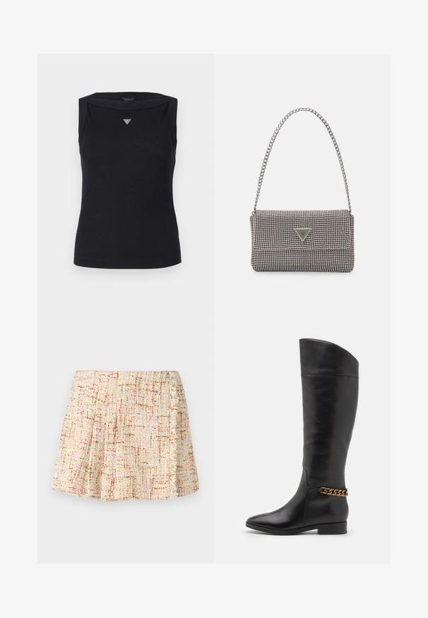 Top senza maniche nero in cotone, con scollo a barca e un piccolo logo triangolare in cristallo sul petto. Texture liscia.; Gonna corta e plissettata realizzata in tessuto testurizzato in tonalità neutre con sottili puntini di colore. Presenta un bordo frangiato lungo il lato.; Alti stivali in pelle nera dal design elegante, punta affusolata e dettagli in catena dorata alla caviglia. Tacco a blocco basso. Texture liscia.; Borsa a mano metallica grigia chiara con tracolla a catena, impreziosita da piccoli chiodi metallici circolari e da un logo triangolare del marchio.; Orecchini a cerchio in argento con superficie liscia e lucida, caratterizzati da una forma curva e chiusura a perno. Design minimalista con finitura moderna.