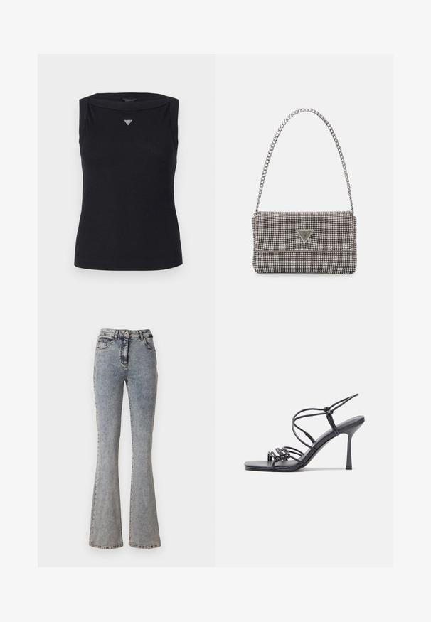 Mustapaita ilman hihoja, valmistettu puuvillasta, jossa on laivakaula-aukko ja pieni kristallinen kolmio-logo rinnassa. Sileä pinta.; Farkut, joissa on leveä lahje, sinistä denim-kangasta, haalistunut pesu; korkeavyötäröinen; viisi taskua; napitus; kontrastiväriset ompeleet saumoissa.; Mustat korkokengät sandaalit, joissa on ohuet hihnat solmittuna, sileä neliön muotoinen varvasosa ja tyylikäs stiletto-korko.; Vaalea harmaa metallinen käsilaukku, jossa on ketjusanka. Laukku on koristeltu pienillä pyöreillä metallikoruilla ja kolmion muotoisella brändilogolla.; Hopeiset korvarenkaat, joissa on sileä ja kiiltävä pinta, kaareva muoto ja piikkikiinnitys. Minimalistinen muotoilu modernilla viimeistelyllä.