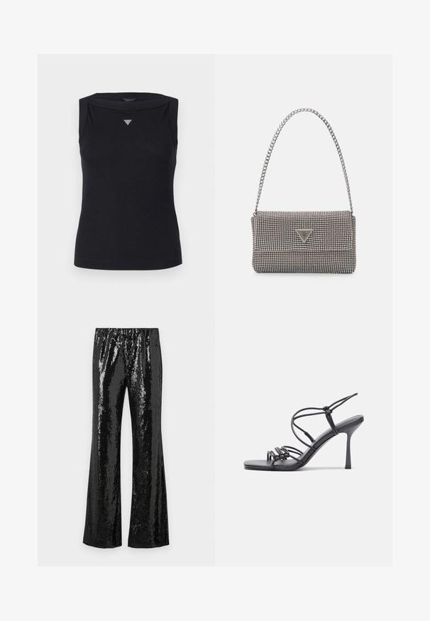 Zwarte mouwloze top van katoen, met een boot hals en een klein kristallen driehoekig logo op de borst. Glad materiaal.; Zwarte paillettenbroek met een flare ontwerp, voorzien van een elastische tailleband en een glanzende textuur die licht reflecteert. Verticale paillettenpatroon.; Zwarte hoge hakken sandaaltjes hebben dunne banden met een geknoopt ontwerp, een gladde vierkante neus en een elegante stiletto-hak.; Lichtgrijze metallic handtas met een kettingriem, versierd met kleine ronde metallic studs en een driehoekig merkimago.