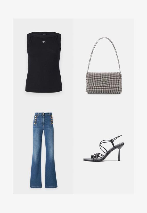 Top negru fără mâneci din bumbac, cu decolteu bateau și un mic logo triunghiular din cristal pe piept. Textură netedă.; Blugi cu talie înaltă și evazare, din denim de nuanță albastru mediu, cu accente de butoane aurii pe lateral și o textură netedă.; Sandale negre cu toc înalt au curele subțiri cu un design legat, un vârf pătrat neted și un toc stiletto elegant.; Geantă metalică gri deschis, cu un strap din lanț, decorată cu mici ținte circulare metalice și un logo de marcă triangular.; Cercei creole din argint cu suprafață netedă și lucioasă, având o formă curbată și închidere cu tija. Design minimalist cu un finisaj modern.