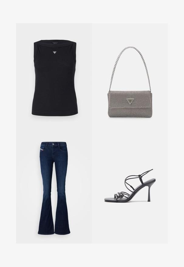 Black sleeveless top made of cotton, featuring a boat neckline and a small crystal triangle logo on the chest. Smooth texture.; Dark blue flared jeans with a smooth denim texture, featuring front pockets, a button closure, and a subtle brand tag on the side.; Black high-heeled sandals feature thin straps with a knotted design, a smooth square toe, and a sleek stiletto heel.; Light gray metallic handbag featuring a chain strap, embellished with small circular metallic studs and a triangular brand logo.; Silver hoop earrings with a smooth, shiny surface, featuring a curved shape and post-back closure. Minimalist design with a modern finish.