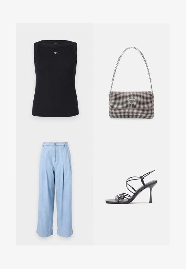 Top negru fără mâneci din bumbac, cu decolteu bateau și un mic logo triunghiular din cristal pe piept. Textură netedă.; Pantaloni din denim, de un albastru deschis, cu dungi albe verticale, față pliată, picioare largi și tivuri răsucite. Închidere cu buton tip jeans și fermoar.; Sandale negre cu toc înalt au curele subțiri cu un design legat, un vârf pătrat neted și un toc stiletto elegant.; Geantă metalică gri deschis, cu un strap din lanț, decorată cu mici ținte circulare metalice și un logo de marcă triangular.; Cercei creole din argint cu suprafață netedă și lucioasă, având o formă curbată și închidere cu tija. Design minimalist cu un finisaj modern.