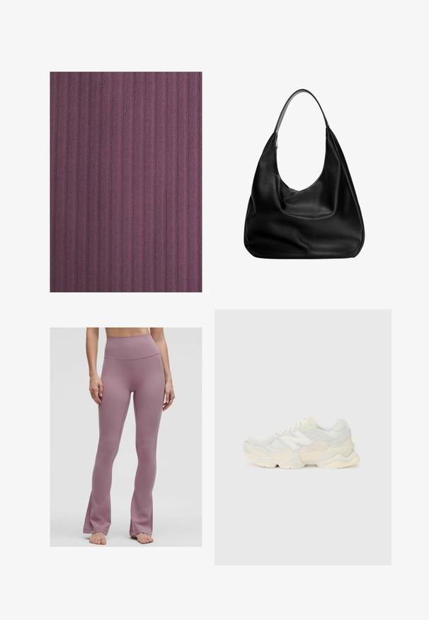 Prążkowana tkanina w ciemnym purpurowym kolorze, z pionowymi liniami i miękką teksturą. Materiał wydaje się nieco puszysty z delikatnym połyskiem.; Legginsy z wysokim stanem i rozszerzanymi nogawkami w kolorze przybrudzonego różu, wykonane z gładkiego, elastycznego materiału z czystymi szwami i bez widocznego sprzętu.; Lekki sneakers z siateczkową i zamszową cholewką w delikatnych kremowych odcieniach, z masywną podeszwą i trójwymiarowymi akcentami.; Czarna skórzana torba hobo o swobodnym fasonie, szerokim pasku na ramię i gładkiej fakturze. Posiada pojedyncze zapięcie na zamek z boku.