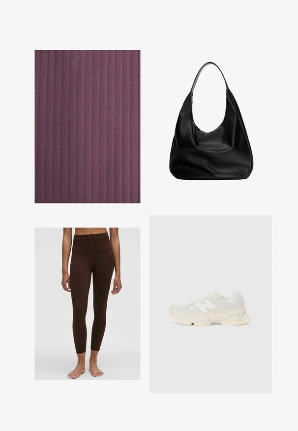 Sötétlila bordázott anyag, függőleges vonalakkal és puha textúrával. Az anyag enyhén plüssös hatású, finom fénylással.; Barna, magas derekú leggings, sima textúrával, testhezálló kialakítással és bokáig érő szegéllyel. Nincs látható minta vagy fém díszítés.; Könnyű sportcipő, amely hálós és velúr felsőrésszel rendelkezik, lágy krémszínű árnyalatokban, vastag talppal és háromdimenziós díszítésekkel.; Fekete bőr hobo táska laza fazonban, széles vállpánttal és sima felülettel. Oldalán egy zipzáras záródással rendelkezik.