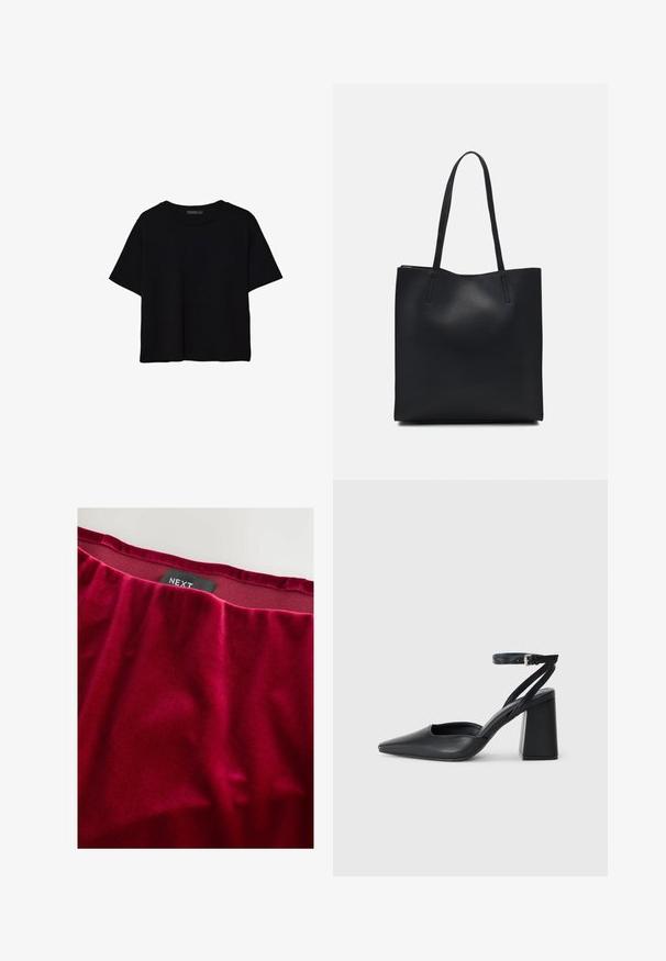 Sort kortærmet crop-top med rund halsudskæring og enkel design lagt fladt på hvid baggrund.; Rød fløjlstoft med en glat tekstur, med en samlet talje. Brandmærket "NEXT" synligt nær den øverste kant.; Sort læder spidse pumps med ankelrem og en chunky hæl. Flad tekstur, slankt design og minimalistisk æstetik.; Sort læder tote taske med glat tekstur, rektangulær form og to lange hanke. Ingen synlig hardware eller udsmykninger.