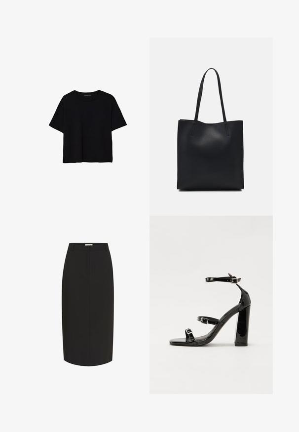Černé krátké tričko s krátkým rukávem a kulatým výstřihem, jednoduchý design, položeno na bílém pozadí.; Černá tužková sukně vyrobená z hladkého materiálu, s přiléhavým střihem, délka ke kolenům a předními kapsami.; Černé lakované sandály na podpatku se čtveratou špičkou, lýtkovými pásky a stříbrnými přezkami. Disponují masivním blokovým podpatkem pro stabilitu.; Černá kožená taška přes rameno s hladkým povrchem, obdélníkovým tvarem a dvěma dlouhými uchy. Žádné viditelné kování ani ozdoby.