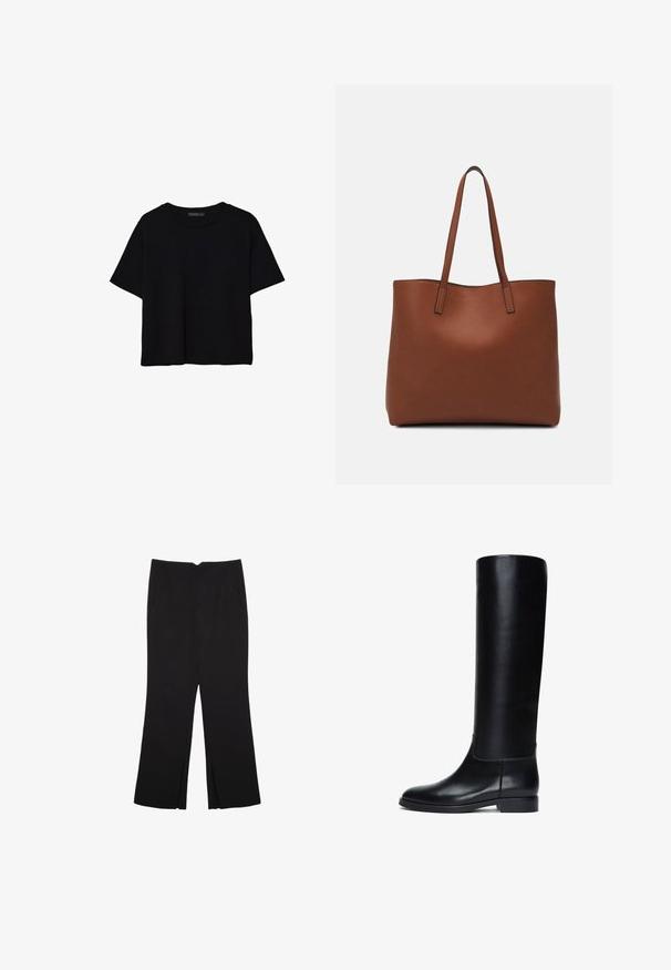Zwart kort mouw kort T-shirt met ronde hals en eenvoudig ontwerp, plat gelegd op een witte achtergrond.; Zwarte broek met een rechte pasvorm, voorzien van zijzakken en plooien aan de onderzijde. Gemaakt van zachte, gladde stof. Geschikt voor verschillende gelegenheden.; Zwarte leren laarzen tot de knie met een gladde afwerking, ronde neus en een lage blokhak. Beschikt over schone lijnen en een minimalistisch ontwerp.; Bruine leren tote bag met een gladde textuur, een ontwerp met een open bovenkant en twee schouderbanden. Kenmerkt zich door minimale stiksels en geen zichtbare hardware.