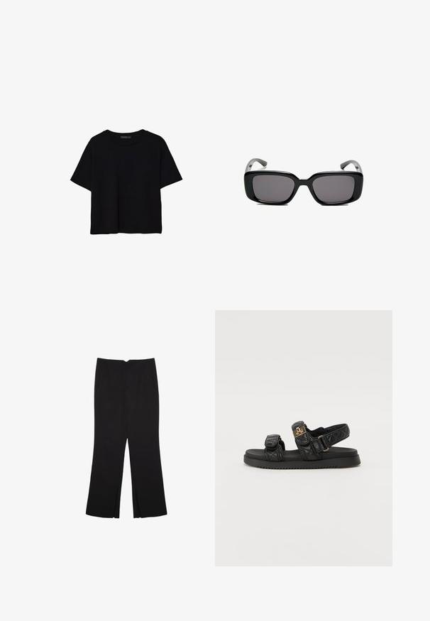Sort kortærmet crop-top med rund halsudskæring og enkel design lagt fladt på hvid baggrund.; Sorte bukser med lige pasform, der har frontlommer og slidser i kanten. Lavet af blødt, glat stof. Velegnet til forskellige anledninger.; Sorte quiltede sandaler med to justerbare stropper, guldfarvede detaljer og en tekstureret sort sål. Slankt og moderne design.; Sorte rektangulære solbriller med mørke linser, glat plastikramme og buede stænger. Designet er klodset med en minimalistisk æstetik.
