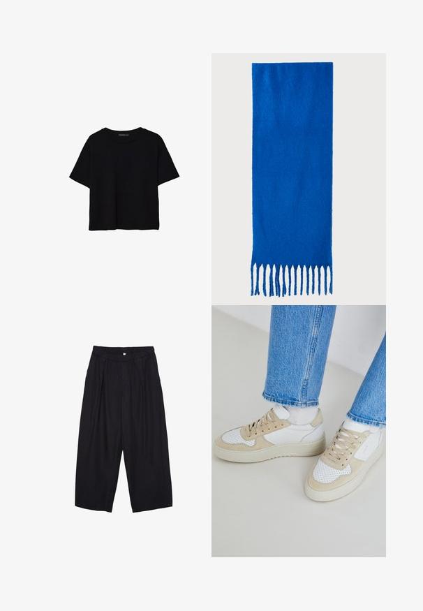 Black short-sleeve cropped t-shirt with round neckline and simple design laid flat on white background.; Black polyester culotte pants with an elastic waistband, two front pleats, and a loose silhouette. No visible patterns or hardware details.; White and beige sneakers with perforated detailing, a smooth leather upper, and a thick rubber sole. Pairing with light blue jeans.; Blue fringed scarf made of soft fabric; features a solid color with a textured surface and evenly cut fringe at the bottom.; Black leather handbag with a structured design, top handle, and a gold metal clasp detail on the front. Smooth texture, minimal stitching.