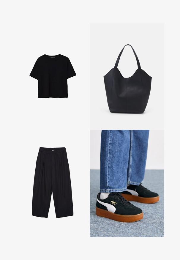 Schwarzes, kurzärmeliges, bauchfreies T-Shirt mit rundem Halsausschnitt und einfachem Design, flach auf weißem Hintergrund liegend.; Schwarze Polyester-Culotte mit einem elastischen Bund, zwei vorderen Falten und einer lockeren Silhouette. Keine sichtbaren Muster oder Hardware-Details.; Schwarz-weiße Sneaker mit samtiger Textur und Gummisohle. Ausgestattet mit goldfarbener Markierung an der Seite und runden Schnürsenkeln, kombiniert mit blauer Jeans.; Schwarze Tote-Bag aus glattem Leder, mit einem abgerundeten, offenen Oberteil, zwei Schulterträgern und einem minimalistischen Design.