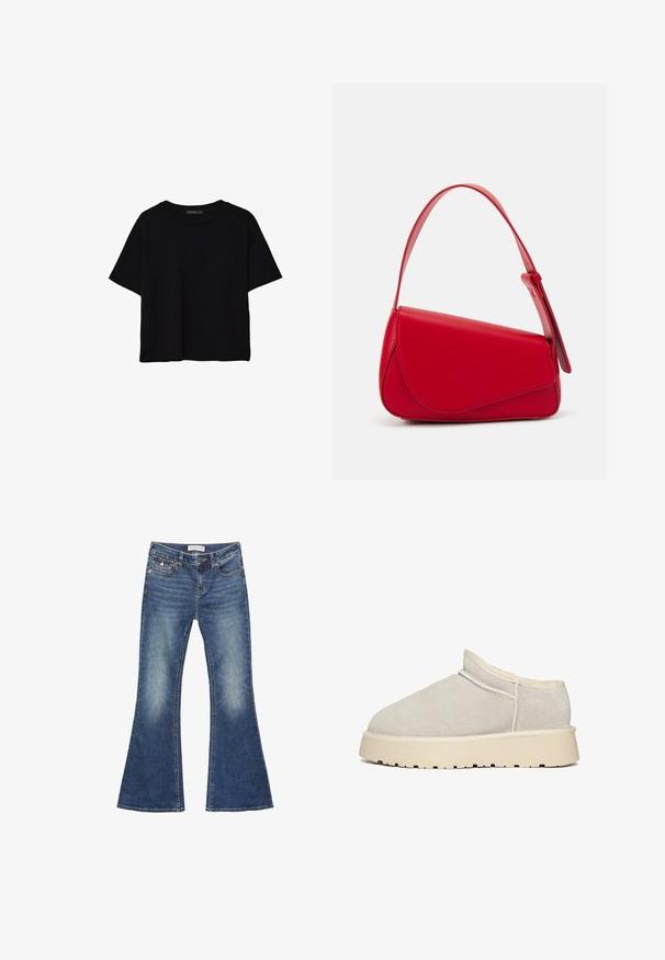 Schwarzes, kurzärmeliges, bauchfreies T-Shirt mit rundem Halsausschnitt und einfachem Design, flach auf weißem Hintergrund liegend.; Jeans im Schlagstil aus mittlerem Blau mit Ausbleichungen. Sie verfügen über ein klassisches Fünf-Taschen-Design und Kontrastnähte mit einem Knopfverschluss.; Beige Wildleder Slip-On-Schuh mit runder Zehenpartie, gepolstertem Kragen und dicker, cremefarbener Sohle mit Profil für besseren Grip. Nahtdetails sichtbar.; Rote Lederhandtasche mit einem kantigen, geometrischen Design. Verfügt über einen verstellbaren Schulterriemen und einen Klappenverschluss mit genähten Details.