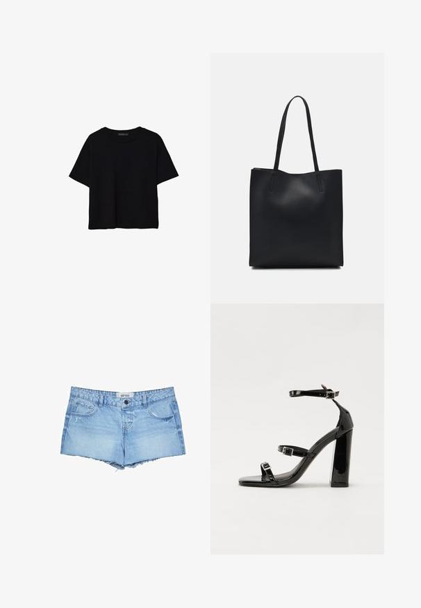 Stradivarius REGULAR FIT - T-paita - black; Vaaleansiniset farkkushortsit, joissa on repaleinen helma, viisi taskua, edessä nappisuljenta ja vyötäröllä brändilogo.; Musta kiiltävä korkokenkä sandaalit neliönmuotoisella varpaalla, nilkkaremmillä ja hopeisilla soljilla. Varustettu tukevalla lohkokorkealla vakauden takaamiseksi.; Mustapahkainen kangaskassi, jossa on sileä pinta, suorakaiteen muotoinen ja kaksi pitkää kahvaa. Ei näkyvää metalliosaa tai koristeita.