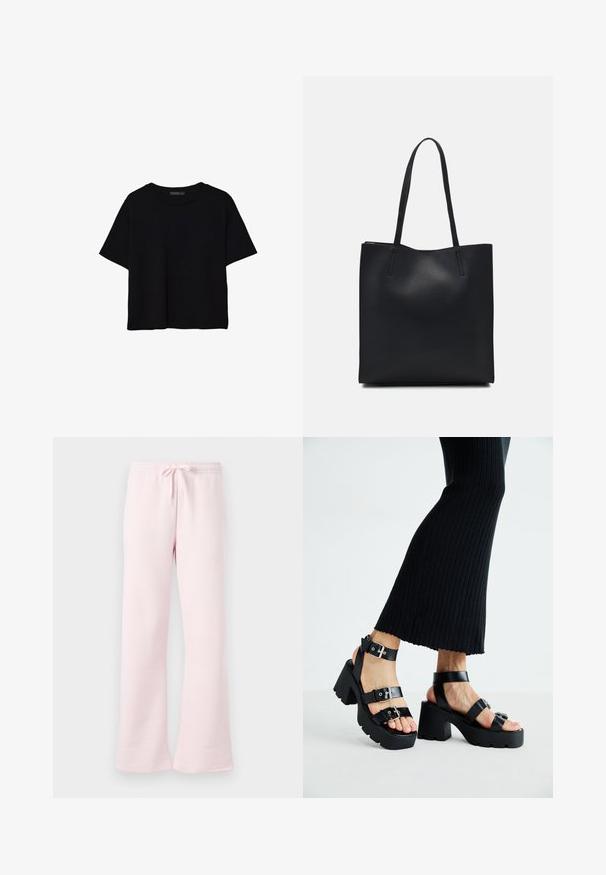 Crna kratka majica s kratkim rukavima i okruglim izrezom, jednostavnog dizajna, položena na ravnu bijelu podlogu.; Svijetlo ružičaste trenirke napravljene od mekanog materijala, sa elastičnim pojasom svezanim vrpcama i dizajnom nogavica u obliku zvona.; Crne platforme sandale s debelim, nazubljenim potplatima i višestrukim trakama, s metalnim kopčama i glatkom teksturom koja podsjeća na kožu.; Crna kožna torba za nošenje s glatkom teksturom, pravokutnim oblikom i dvije duge ručke. Nema vidljivih metalnih dijelova ili ukrasa.