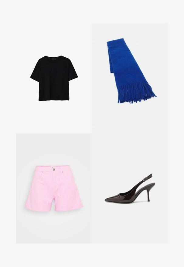 T-shirt noir à manches courtes coupé, avec encolure ronde et design simple, étalé à plat sur fond blanc.; Shorts rayés roses en tissu léger, dotés d'une fermeture à bouton, de deux poches avant et d'une coupe décontractée pour le confort.; Soulier à talons hauts type slingback en cuir verni marron foncé brillant, à bout pointu, côtés ouverts et bride de cheville réglable.; Écharpe tissée bleue avec des extrémités à franges, texture lisse, forme rectangulaire et couleur uniforme. Convient pour les temps froids.; Sac bandoulière en cuir marron avec une forme incurvée, quincaillerie dorée et un accent en boucle. Comprend une bandoulière détachable.