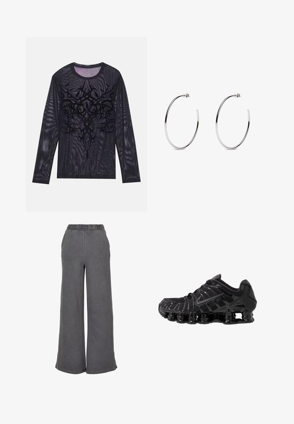 Svart långärmad meshtröja med intrikata svarta broderade tribalmönster, mjuk textur och rund halsringning.; Breda grå sweatpants i mjukt tyg, med elastisk midja för komfort. Slät yta utan synliga mönster eller detaljer.; Svart sportskor med ovandel i mesh och blanka detaljer. Har böjliga fjädrar för dämpning och texturerade linjer på sidan. Nike-logotypen är synlig.; Söljiga hoopörhängen med en minimalistisk design, som har en slät, cirkulär form och en polerad yta, säkrade med en nålbleck.