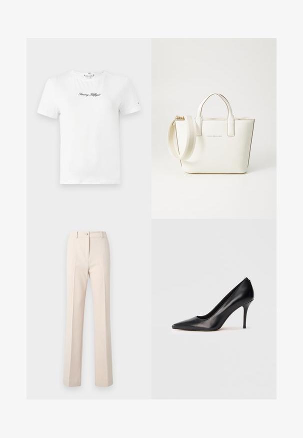 T-shirt en coton blanc avec des manches courtes et un décolleté rond. Logo brodé noir "Tommy Hilfiger" centré sur la poitrine.; Pantalons beige ajustés avec une jambe droite, dotés d'une fermeture à bouton, de plis à l'avant et d'une texture lisse.; Escarpin en cuir noir à talon haut, à bout pointu, texture lisse et design élégant. Comprend un talon fin et surélevé ainsi qu'un devant échancré.; Sac à main en simili cuir blanc avec de courtes poignées, une bandoulière réglable et des garnitures en ton or ; arbore un logo subtil à l'avant.