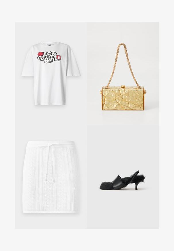 Camiseta blanca de manga corta con un diseño gráfico que presenta el texto "Fiorucci" y dos ilustraciones de labios rojos. Tela de algodón, corte estándar.; Falda de punto blanca con un patrón texturizado y rayas verticales; cuenta con una cintura con cordón y un dobladillo con forma de ondas.; Sandal de tacón bajo negro con pelaje esponjoso que cubre la plantilla, la correa del tacón y la zona de los dedos, con una correa frontal de cuero suave.; Bolso de mano con textura arrugada en dorado, de forma rectangular, con una correa de cadena y cierre de broche en la parte superior. Acabado suave y brillante.