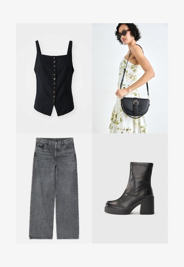 Svart ermeløs topp med en tettsittende design, som har en rett utringning og dekorative metallknapper foran.; Bredde ben jeans i mørkegrå denim. Har høyt liv, fem lommedesign og frontlukking med knapp. Glatt tekstur med subtil fading.; Svart midtleggs lærstøvlett med kraftig blokkhels og plattformsåle på en enkel hvit bakgrunn.; Svart lærveske med en buet form, avtagbar stropp og gullbeslag. Vesken har et klaff med spenne-detall.