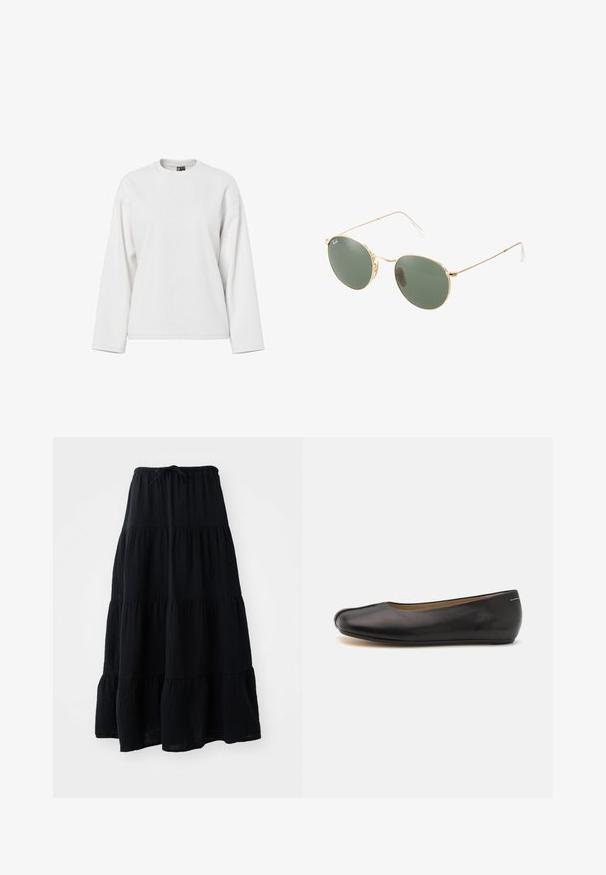 Sweatshirt blanc à manches longues avec un col rond, coupe décontractée et texture douce. Aucun motif visible ni détail matériel.; Jupe noire à volants en tissu léger, dotée d'une taille élastique avec cordon de serrage, et d'un design fluide et texturé.; Ballerines noires en cuir avec un bout arrondi, texture lisse, profil bas et design minimaliste, présentant un subtil détail de couture.; Lunettes de soleil avec monture en métal doré, verres verts, forme ronde, branches fines et accents en plastique blanc aux extrémités des branches.