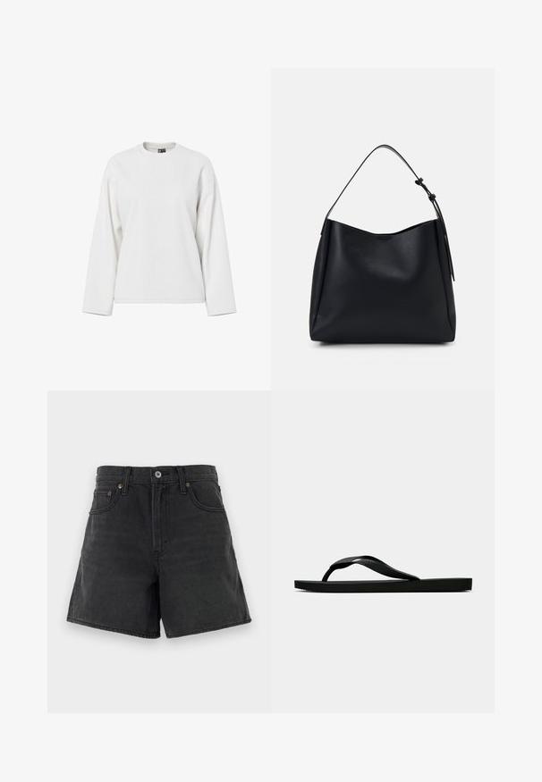 White long-sleeve sweatshirt featuring a round neckline, relaxed fit, and soft texture. No visible patterns or hardware details.; Black denim shorts with a classic cut, featuring a button fly, five pockets, and minimal stitching detail. Smooth texture.; Black rubber flip-flop sandal with a textured thong strap and simple flat sole, shown from side on a plain light background.; Black leather hobo bag with a single shoulder strap, smooth texture, tapered top, and minimalistic design without visible hardware.