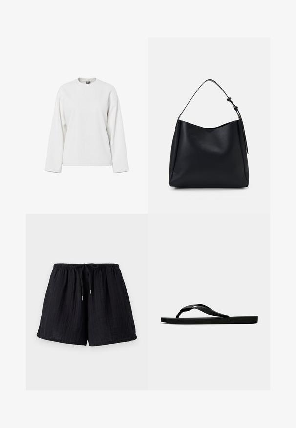 Vit sweatshirt med lång ärm, rund nacklinje, avslappnad passform och mjuk textur. Inga synliga mönster eller metalldetaljer.; Svarta bomullsshorts med en texturerad, krinklad yta. Har resårmidja och justerbar dragsko för komfort och passform.; Svart gummislip-in sandal med ett texturerat rem och enkel platt sula, visas från sidan på en enkel ljus bakgrund.; Svart läder hobo-väska med en axelrem, slät yta, avsmalnande topp och minimalistisk design utan synlig hårdvara.