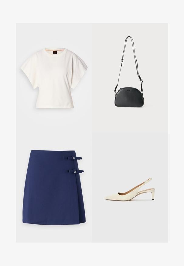 Witte gecropte T-shirt, korte brede mouwen, zachte katoenmaterialen, ronde halslijn met subtiele oranje rand, minimalistisch ontwerp, geen patronen of graphics.; Marineblauwe wikkelrok met een textuurafwerking, voorzien van twee kleine stoffen strikjes als accenten aan de zijkant. Eenvoudig en gestructureerd ontwerp.; Puntaal geschoen met slingback in off-white leer, met een lage hak en uitsnedeontwerp, voorzien van een gladde textuur en minimale accenten.; Zwarte leren schoudertas met een ronde vorm, twee verstelbare banden en een subtiel logo op de voorkant. Gestructureerde buitenkant, minimalistisch ontwerp.; Gouden hoepel oorbellen met een glad, gebogen ontwerp. Gemaakt van metaal, met een elegante afwerking en een paal-achter sluiting.