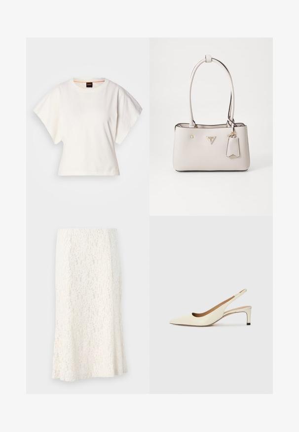 Camiseta blanca recortada, con mangas cortas y anchas, material de algodón suave, cuello redondo con un sutil ribete naranja, diseño minimalista, sin patrones ni gráficos.; Falda midi de encaje en color crema, con un intrincado patrón floral, cintura ajustada y dobladillo acampanado. Tejido ligero y texturizado con un ligero brillo.; Zapato slingback de punta en piel blanco roto, con un tacón bajo y diseño con cortes, de textura suave y acentos mínimos.; Bolso de mano de imitación cuero beige con textura suave, doble asa para el hombro, herrajes dorados, placa con el logo y una etiqueta adjunta.