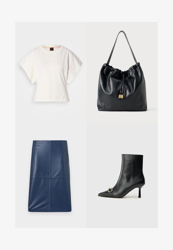 Valge lühikeste laiadte varrukatega lühike T-särk, pehme puuvillane materjal, ümar kaelus kergelt oranži ääristusega, minimaalne disain, ilma mustrite ja graafikateta.; Tumesinine nahast pliiatsigant, millel on sile ja läikiv tekstuur, lihtsa ja voolujoonelise kujundusega ning sirge lõikega. Nähtavaid detaile ei ole.; Must mustanvärvi nahast pahklinetopp, millel on terav nina, peen keskmise kõrgusega konts ja hõbedane keha detail külgedel, taustal lihtne taust.; Mustmust nahkakanas, millel on sile tekstuur, kokku tõmmatud ülemine osa ja tagasihoidlik kuldne riistvara. Sisaldab ühte tugevat rihma ja reljeefset logo.