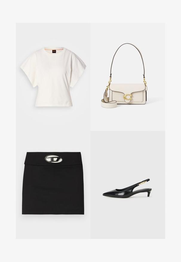 Biely skrátený tričko, krátke široké rukávy, mäkký bavlnený materiál, okrúhly výstrih s jemným oranžovým lemovaním, minimalistický dizajn, bez vzorov alebo grafiky.; Čierna mini sukňa s plochým pásom. Vpredu sa nachádza výrazná metalická pracka s logom. Vyrobená z hladkej látky bez viditeľných vzorov.; Čierne kožené slingback opätky s špicatou špičkou, s úzkym opätkom a zlatým detailom na nastaviteľnom remienku. Hladká textúra.; Krémová kožená kabelka so štruktúrovaným dizajnom, kontrastnými čiernymi okrajmi, zlatým kovaním a odnímateľným popruhom s podpisovým logom.
