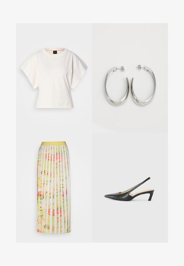 Weißes, kurzes T-Shirt, kurze weite Ärmel, weicher Baumwollstoff, runder Ausschnitt mit subtilen orangefarbenen Akzenten, minimales Design, keine Muster oder Grafiken.; Plissierter Maxirock mit einem gelben Bund, der ein lebhaftes Blumenmuster in Rosa-, Grün- und Cremetönen auf einem transparenten weißen Grund zeigt.; Schwarzer spitz zulaufender Slingback-Schuh mit niedrigem Absatz, der aus glattem Leder gefertigt ist und seitliche Ausschnitte für Atmungsaktivität aufweist.; Silberne Creolen mit einem glatten, geschwungenen Design. Mit einem glänzenden metallischen Finish und Steckverschluss. Keine sichtbaren Muster oder Akzente.
