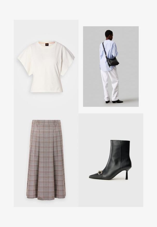 T-shirt bianca cropped, maniche corte e larghe, tessuto di cotone morbido, scollatura rotonda con bordino arancione sottile, design minimale, senza motivi o grafiche.; Gonna midi plissettata con un motivo a quadri marrone e grigio, realizzata in un tessuto testurizzato. Presenta una vita regolabile e arriva fino al polpaccio.; Stivale alla caviglia in pelle nera con punta affusolata, tacco sottile di media altezza e dettaglio in fibbia argentata sul lato, su sfondo semplice.; Borsa a tracolla in pelle nera con una texture morbida, forma triangolare e tracolla regolabile, abbinata a una camicia a righe blu chiaro e pantaloni bianchi.