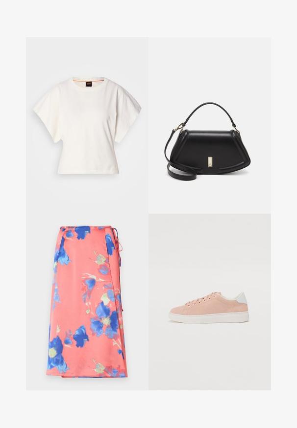 Witte gecropte T-shirt, korte brede mouwen, zachte katoenmaterialen, ronde halslijn met subtiele oranje rand, minimalistisch ontwerp, geen patronen of graphics.; Bloemige midi-rok in koraal met blauwe en groene patronen. Gemaakt van lichtgewicht stof, met een strikdetail en zijopeningen.; Lichtroze suède sneaker met een witte rubberen zool, ronde neus en witte hielaccent. Beschikt over platte veters en minimale branding aan de zijkant.; Zwarte leren handtas met een gestructureerd ontwerp, featuring een verkorte vorm, bovenhandvat en gouden hardwareaccent. Inclusief verstelbare schouderband.