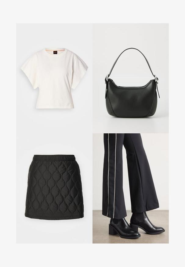 Hvit cropped T-skjorte, korte vide ermer, myk bomullsmateriale, rund halslinning med subtilt oransje kantbånd, minimalistisk design, uten mønstre eller grafikk.; Svart quiltet skjørt med bølgemønster, elastisk liv, og en glatt, skinnende tekstur. Midt på låret lengde uten synlig maskinvare.; Sorte skinn ankle boots med blokkhæl, med elastiske sidepaneler. Kombinert med sorte bukser som har en hvit sidestripe.; Svart skinnveske med en buet form, sølv glidelås og kort håndtak. Har en subtil logo på forsiden og glatt tekstur.