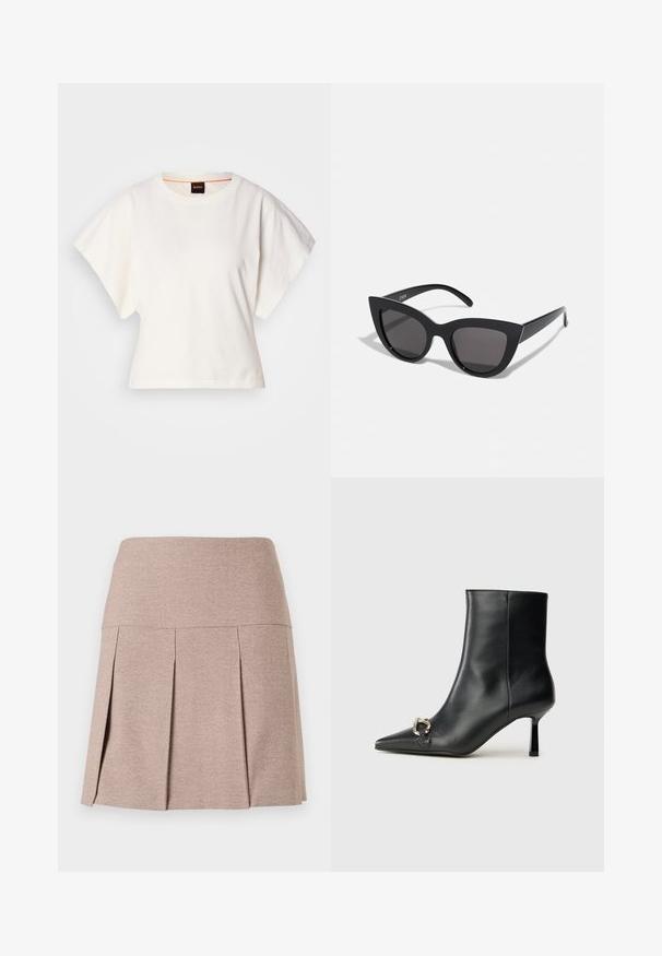 Bela skrajšana majica s kratkimi širokimi rokavi, mehka bombažna tkanina, okrogla ovratnica z diskretnim oranžnim robom, minimalističen dizajn, brez vzorcev ali grafike.; Plisirana krilo iz mehkega bež materiala z gladkim pasom, ki se ponaša z teksturiranim, lahkim materialom in ravnim robom.; Črne usnjene gležnjarje s koničastim nosom, ozkim srednjem petam in srebrno zaponko na strani na enobarvni podlagi.; Črne mačke-oko sončna očala z mat zaključkom, ki imajo sive tonirane leče, ostre kote in eleganten stranski del. Ime blagovne znamke je vidno na notranjem ročaju.