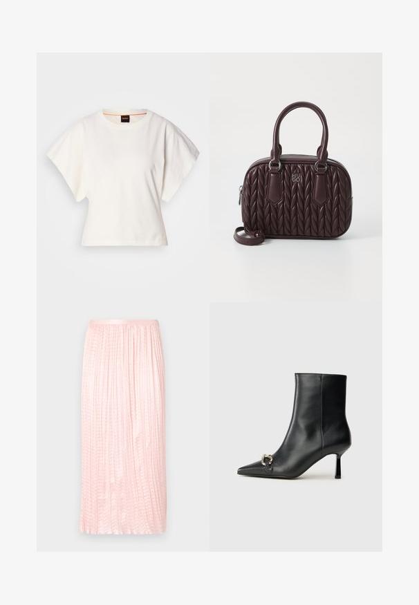 Fehér, rövid, bő ujjú, crop szabású póló, puha pamut anyagból, kerek nyakkivágással, finom narancssárga díszítéssel, minimalista dizájn, minta vagy grafika nélkül.; Ráncolt midi szoknya puha rózsaszínben, sima textúrával és rugalmas derékrésszel. Vertikális redőkkel készült, így lebegő megjelenést biztosít.; Fekete bőr bokacsizma hegyes orral, vékony közép magasságú sarokkal és ezüst csattal az oldalon, sima háttér előtt.; Burgundi bőr kézitáska steppelt mintával, dupla felső fogantyúval és levehető pánttal. Ezüstszínű hardverrel és dombornyomott logóval rendelkezik.