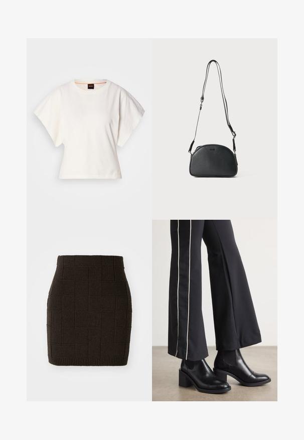 Vit kortärmad T-shirt, korta vida ärmar, mjukt bomullsmaterial, rund halsringning med subtila orange detaljer, minimal design, inga mönster eller grafik.; Stickad mörkbrun minikjol med ett texturerat, vävt mönster och en figurnära midja. Sömmen är ribbad för extra detaljer.; Svarta läderankelboots med klack, med elastiska sidopaneler. I kombination med svarta byxor som har en vit sidostrip.; Svart läder crossbody-väska med rundad form, två justerbara remmar och en diskret logotyp på framsidan. Strukturerad yta, minimalistisk design.