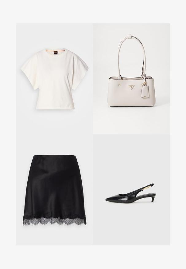 Camiseta blanca recortada, con mangas cortas y anchas, material de algodón suave, cuello redondo con un sutil ribete naranja, diseño minimalista, sin patrones ni gráficos.; FROM FUTURE SAMMY - Falda de tubo - noir; Tacones negros de piel sintética tipo slingback con punta afilada, que cuentan con un tacón delgado y un detalle en tono dorado en la correa ajustable. Textura suave.; Bolso de mano de imitación cuero beige con textura suave, doble asa para el hombro, herrajes dorados, placa con el logo y una etiqueta adjunta.