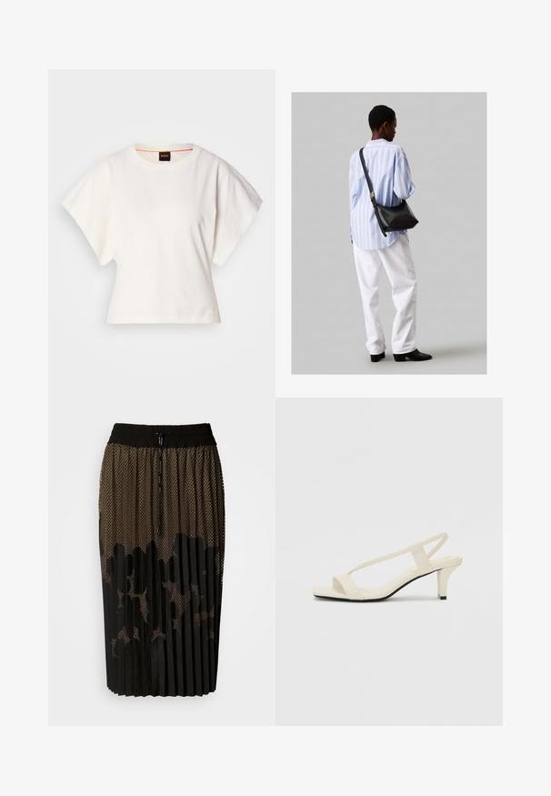 Tricou alb scurt, cu mâneci scurte și largi, din bumbac moale, cu decolteu rotund și un finisaj subtil portocaliu, design minimalist, fără modele sau grafice.; Fustă neagră plisată cu un overlay din plasă, având un model cu puncte, talie elastică cu șnur și o tăietură de lungime medie.; Sandale bej cu toc bloc, cu bretele subțiri și vârf pătrat. Material neted cu detalii minime, concepute pentru a fi ușor de purtat.; Geantă de umăr din piele neagră cu o textură moale, formă triunghiulară și curea ajustabilă, asortată cu o bluză cu dungi albastre deschise și pantaloni albi.