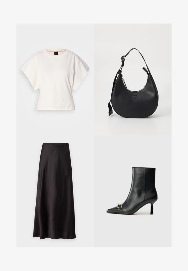 Camiseta blanca recortada, con mangas cortas y anchas, material de algodón suave, cuello redondo con un sutil ribete naranja, diseño minimalista, sin patrones ni gráficos.; Maxi falda de satén negra con cintura elástica, textura suave y un diseño fluido que cae hasta el suelo sin embellishments adicionales.; Botín negro de cuero hasta el tobillo con punta afilada, tacón delgado de altura media y detalle de hebilla plateada en el lateral, sobre un fondo liso.; Bolso de hombro de piel negra con forma curvada, cierre de cremallera y correa ajustable. Presenta logo de la marca en relieve en la parte frontal.