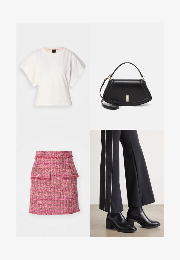 Witte gecropte T-shirt, korte brede mouwen, zachte katoenmaterialen, ronde halslijn met subtiele oranje rand, minimalistisch ontwerp, geen patronen of graphics.; Roze tweed rok met een gestructureerde weving, twee voorzakken met franjes aan de randen en een subtiele metallic accent.; Zwarte leren enkellaarzen met een blokhak, voorzien van elastische zijpanelen. Gecombineerd met zwarte broeken met een witte zijstreep.; Zwarte leren handtas met een gestructureerd ontwerp, featuring een verkorte vorm, bovenhandvat en gouden hardwareaccent. Inclusief verstelbare schouderband.