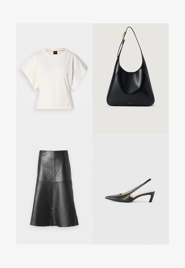 Valge lühikeste laiadte varrukatega lühike T-särk, pehme puuvillane materjal, ümar kaelus kergelt oranži ääristusega, minimaalne disain, ilma mustrite ja graafikateta.; Mustast nahkast A-lõikega seelik, millel on õmblused ja sile tekstuur, kitsenev allapoole. Lihtne disain, ilma lisakaunistusteta.; Must mustaga, terav varvas, madala kontsaga sildiga king, mis on valmistatud siledast nahast ja mille küljel on lõike disain hingavuse tagamiseks.; Must mustriba mustkott, millel on sile tekstuur, kõver siluett ja kuldne riistvara aksent. Omab reljeefset brändilogo alusel.