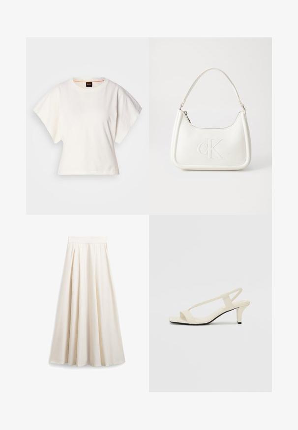 Tricou alb scurt, cu mâneci scurte și largi, din bumbac moale, cu decolteu rotund și un finisaj subtil portocaliu, design minimalist, fără modele sau grafice.; Fustă cremoasă în stil A, realizată dintr-un material neted, având pliseuri și o talie largă pentru o siluetă fluidă.; Sandale bej cu toc bloc, cu bretele subțiri și vârf pătrat. Material neted cu detalii minime, concepute pentru a fi ușor de purtat.; Geantă de umăr din piele albă cu formă curbată, având un logo "CK" embosat pe partea din față și un singur braț de umăr. Închidere cu fermoar în partea de sus.