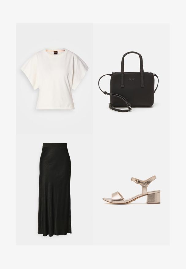 T-shirt blanc cintré, manches courtes et larges, en coton doux, décolleté rond avec une discrète bordure orange, design minimaliste, sans motifs ni graphiques.; 2nd Day CLEO EASE - Jupe longue - meteorite; Sandale à talon bloc en métal doré, à bout ouvert, avec une bride à la cheville et une boucle. Texture lisse et design simple.; Sac à main noir avec deux poignées courtes et une bandoulière amovible. Matière lisse semblable à du cuir avec une fermeture éclair et un détail de logo.