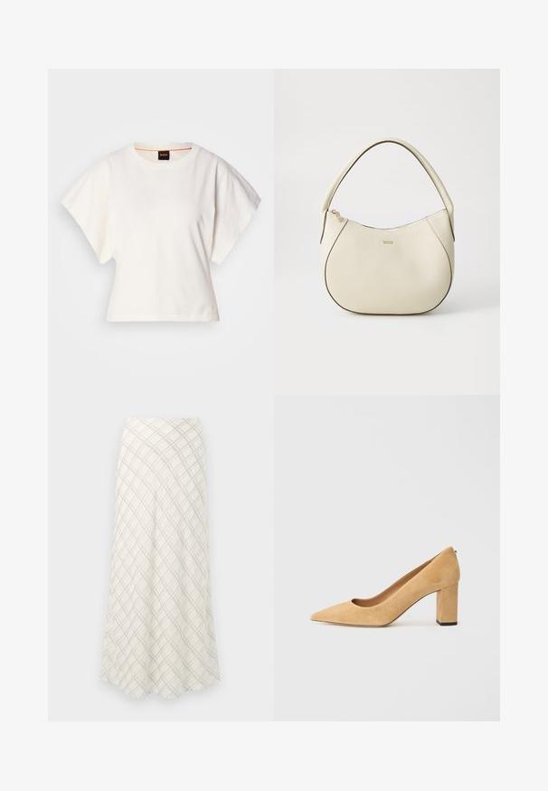 Weißes, kurzes T-Shirt, kurze weite Ärmel, weicher Baumwollstoff, runder Ausschnitt mit subtilen orangefarbenen Akzenten, minimales Design, keine Muster oder Grafiken.; Langer, cremefarbener Rock mit einem diagonalen Karomuster in Grau. Fließendes Design mit einer glatten Textur, das zur Säume hin ausläuft.; Beige Wildleder-Pumps mit hohem Absatz, spitz zulaufend und mit einem klobigen Blockabsatz. Das Material hat eine weiche Textur mit einer glatten Oberfläche.; Cremfarbener Handtasche mit strukturiertem Finish, gebogener Form, kurzem Griff und Logo-Detail in Gold. Reißverschlussverschluss oben.